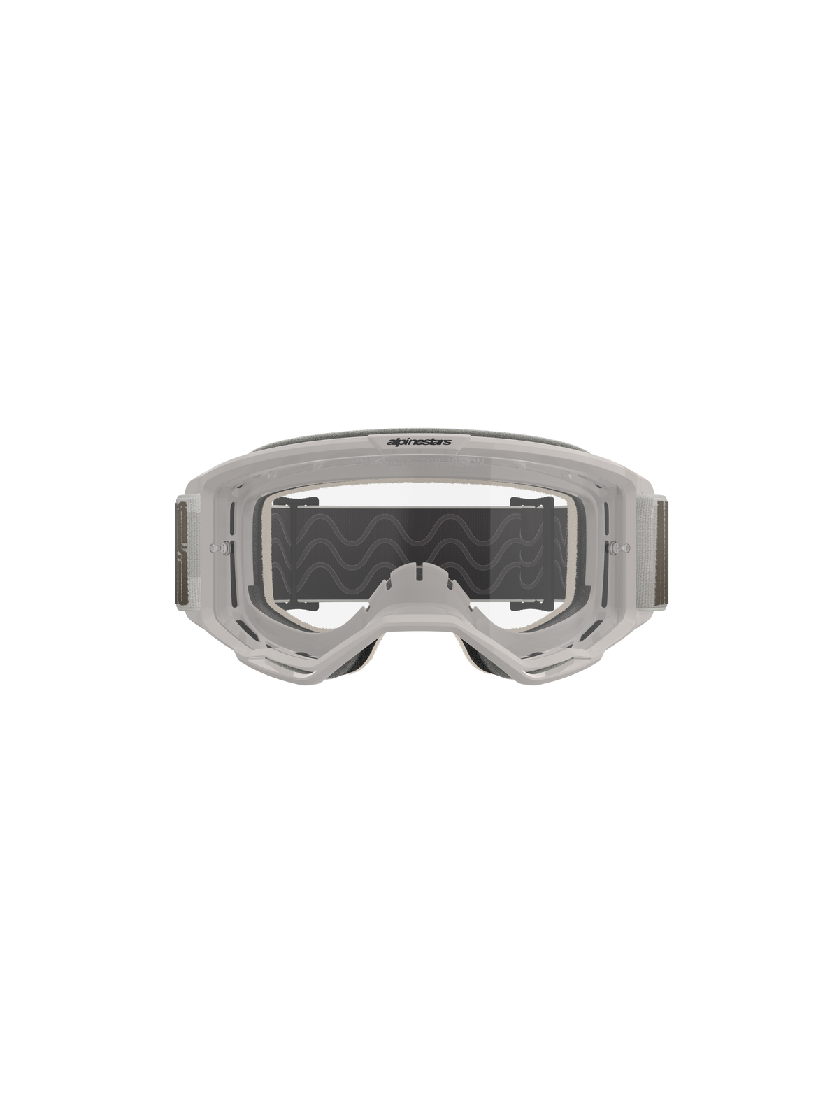 Alpinestars Vision 5 Hollow Goggles, Motocross Goggles, Wind Clear, white translucent frame with a clear anti-fog lens, wide gray adjustable strap with silicone traction, professional off-road riding gear