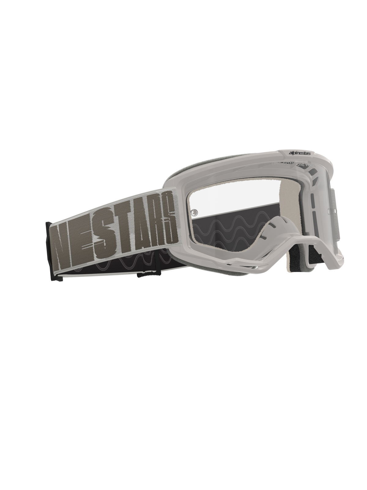 Alpinestars Vision 5 Hollow Goggles, Motocross Goggles, Wind Clear, light gray frame with clear anti-fog lens, wide woven strap with bold 'NESTARS' branding, high-performance protective eyewear for off-road racing