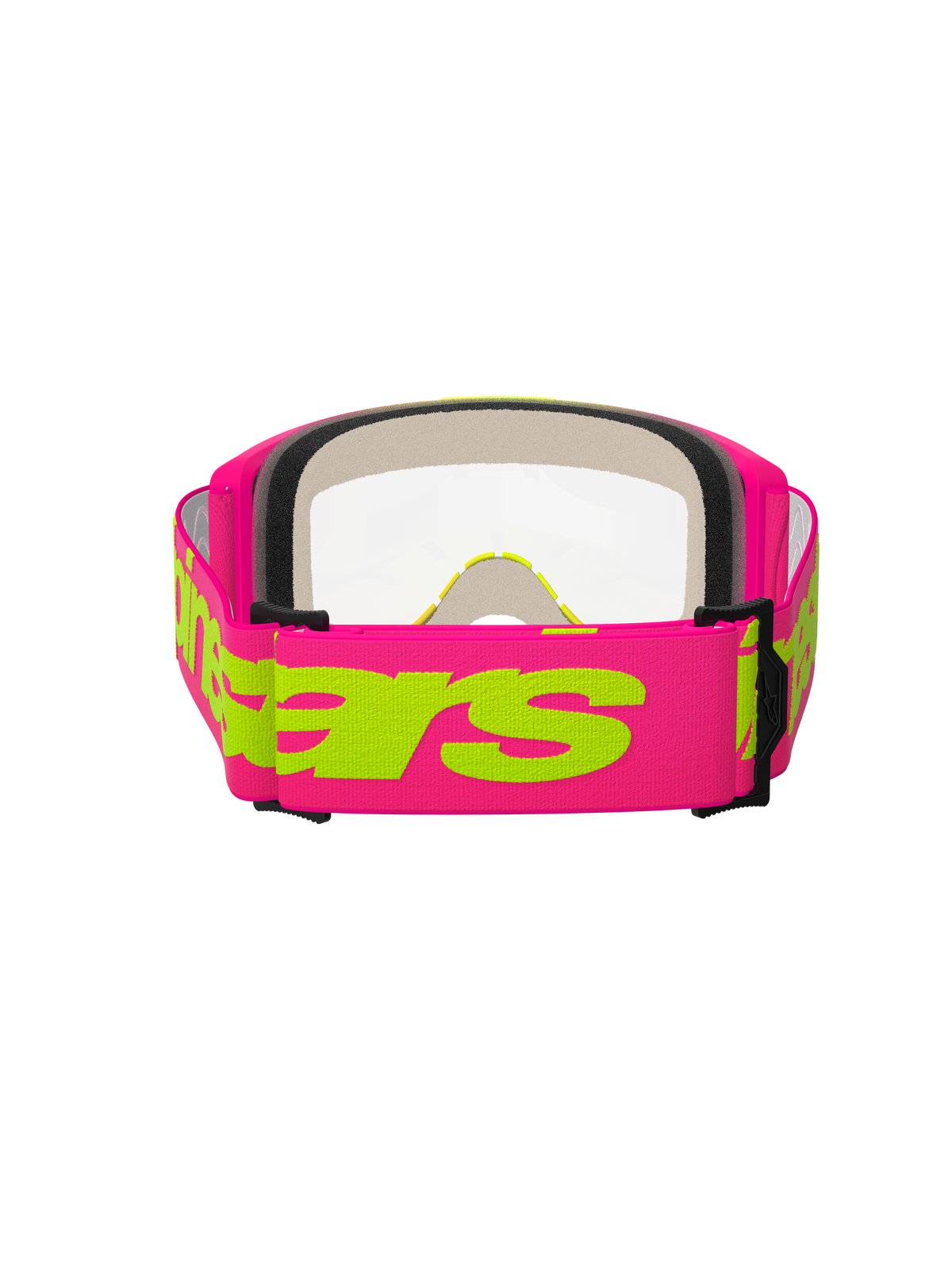 Masque Alpinestars Vision 5 Wordmark, masque de motocross, rose et jaune fluo, vue arrière montrant la large sangle tissée rose avec le logo Alpinestars jaune fluo, écran clair et rembourrage en mousse faciale multicouche