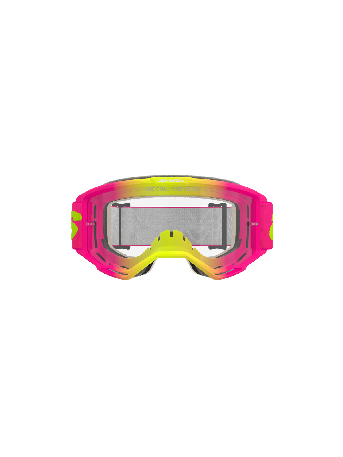 Lunettes Alpinestars Vision 5 Wordmark, lunettes de motocross, rose et jaune fluo avec écran clair, monture au dégradé éclatant, large sangle tissée avec marquage jaune, protection oculaire haute performance pour la conduite tout-terrain