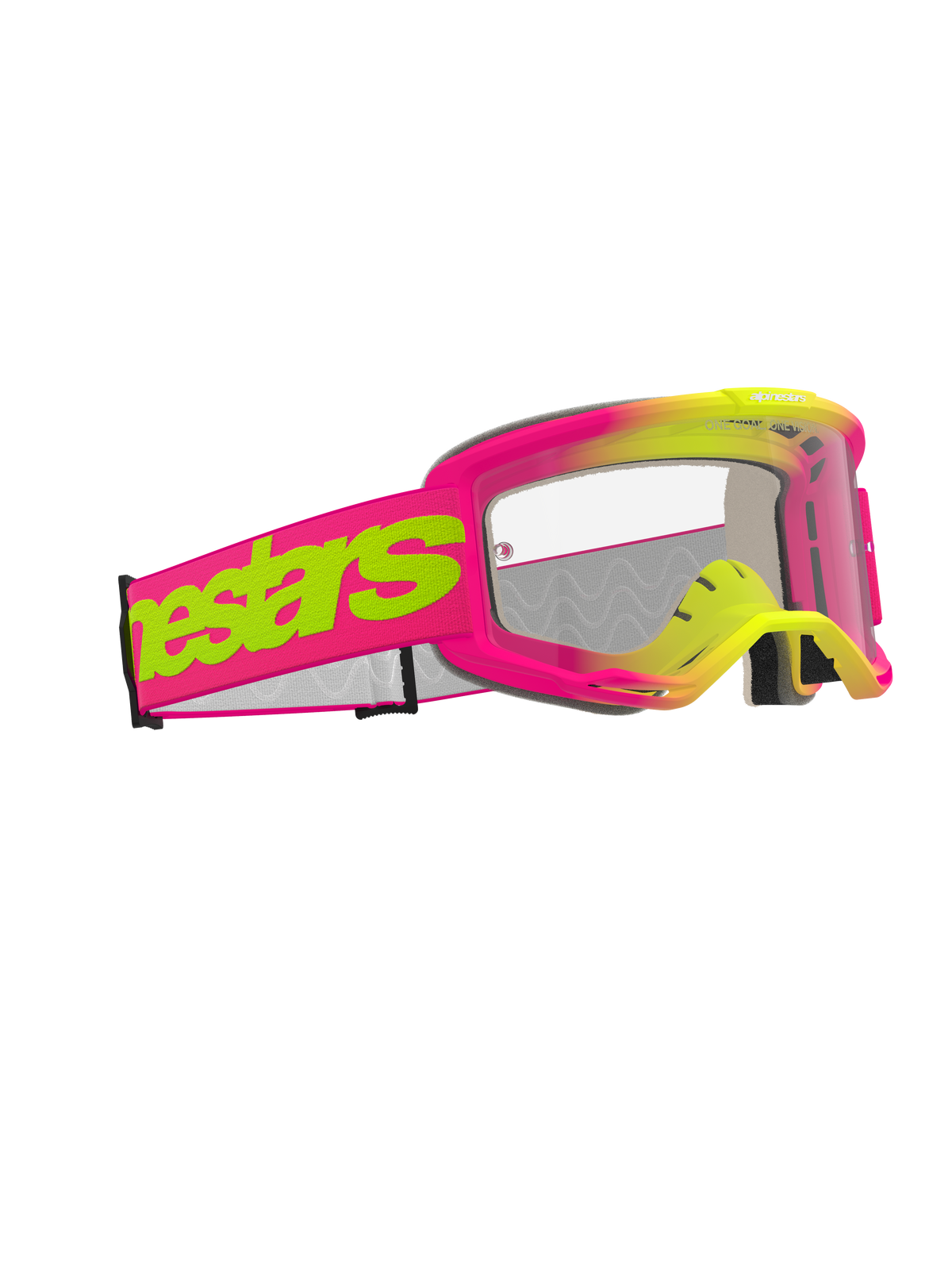 Alpinestars Vision 5 Wordmark Goggles, masque de motocross, monture rose et jaune fluorescent avec écran clair, large sangle rose arborant le logo Alpinestars en jaune néon, protection oculaire haute performance pour la course tout-terrain