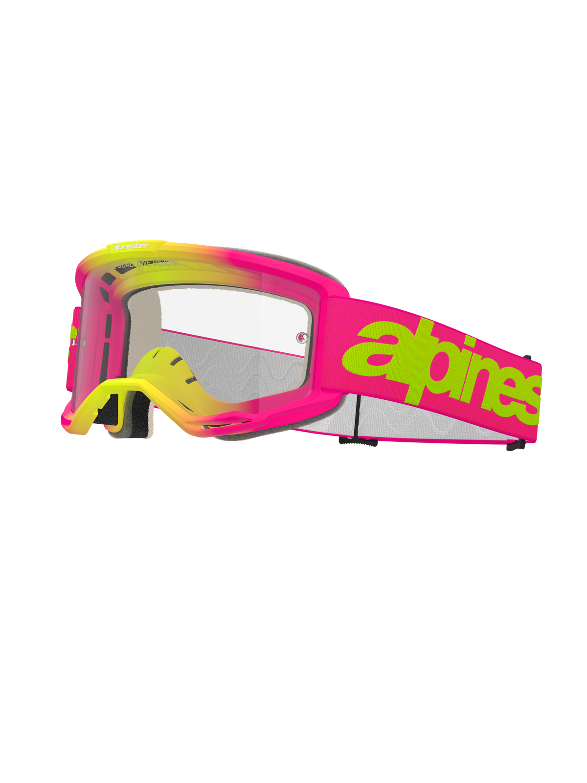 Alpinestars Vision 5 Wordmark Goggles, lunettes de motocross, rose et jaune fluo, écran transparent, marquage vert lime audacieux sur sangle rose, mousse faciale multicouche, conception ventilée pour la course tout-terrain