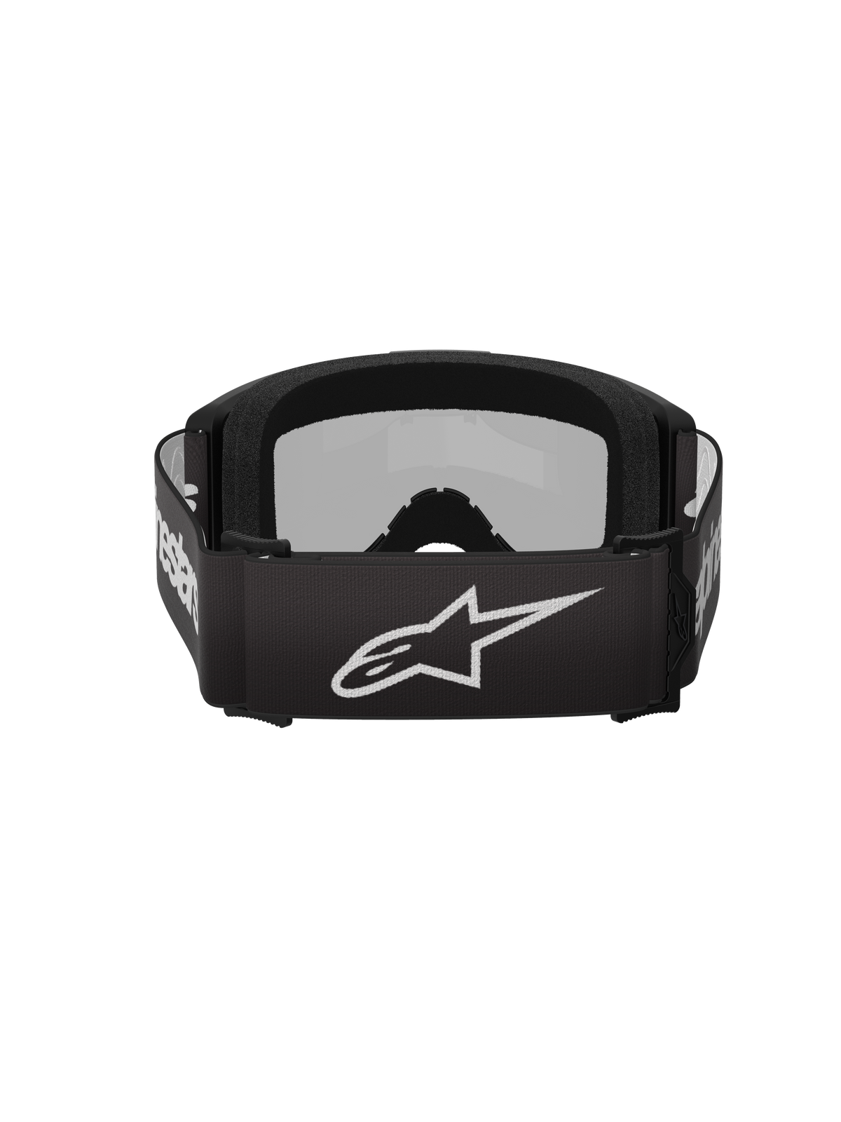 Alpinestars Vision 3 Wordmark Goggles, Motocross Goggles, Black and Mirror Silver, rear view featuring a black woven strap with a white Alpinestars logo and plush interior foam padding.