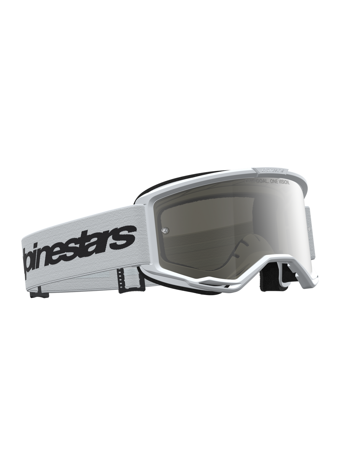 Masque Alpinestars Vision 3 Wordmark Miroir, masque de motocross blanc et noir avec lentille miroir argentée anti-buée et système de ventilation RAM-AIR