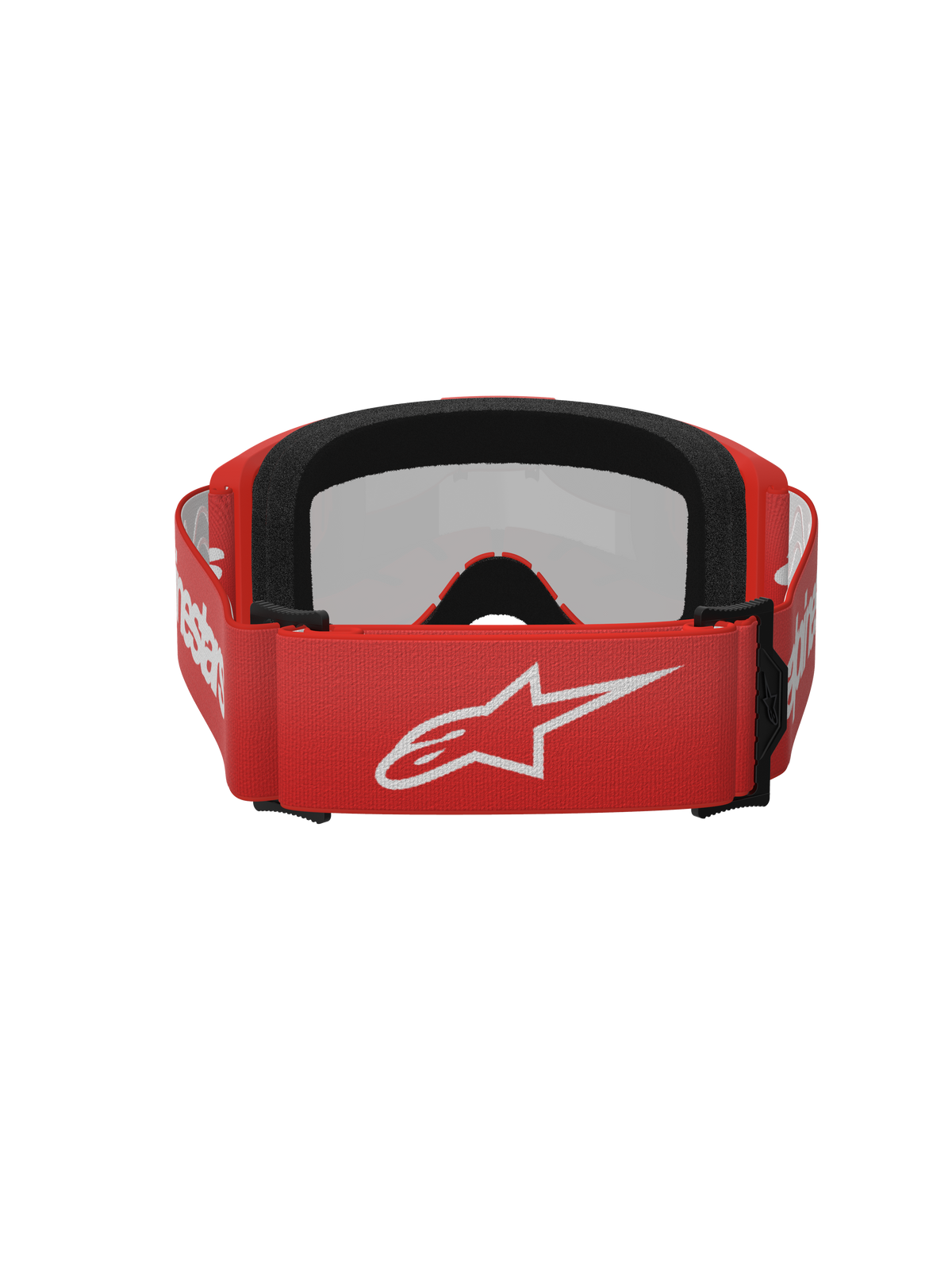 Alpinestars Vision 3 Wordmark Goggles, Motocross Goggles, Red Mirror Silver, rear view featuring a red woven strap with a white Alpinestars logo, black EO15 face foam, and adjustable fit for off-road performance.