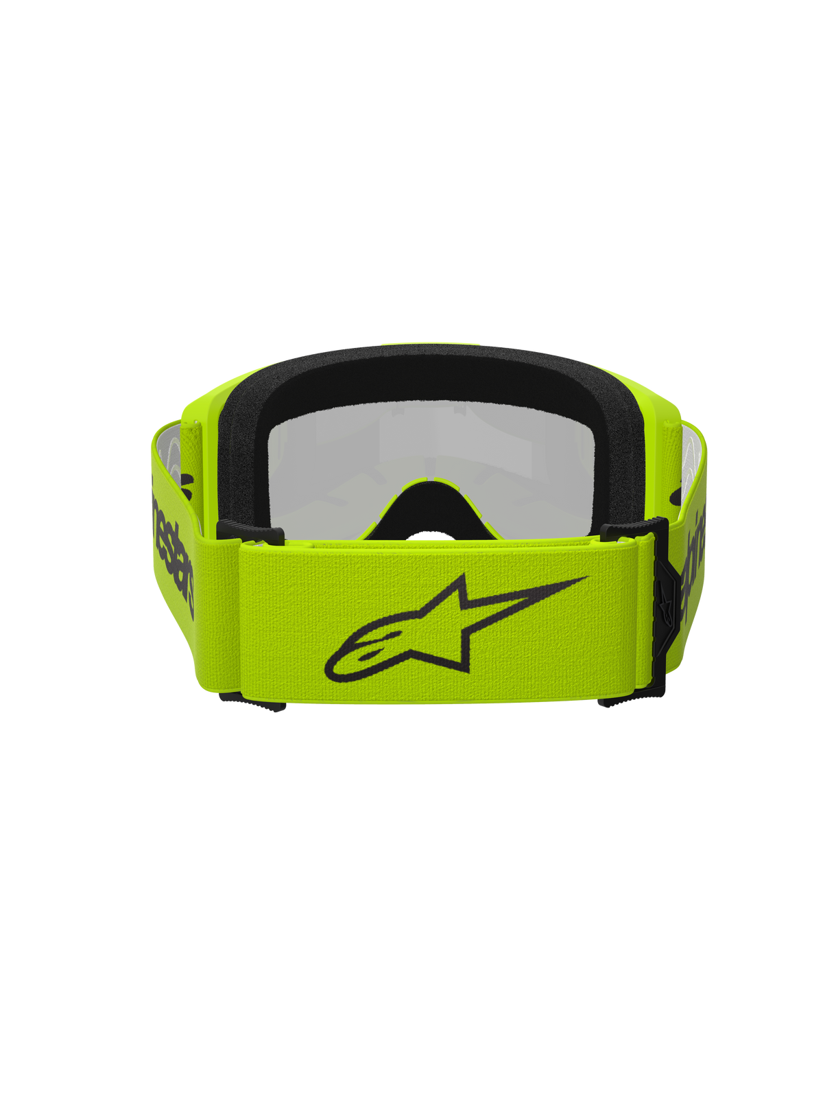 Alpinestars Vision 3 Wordmark, lunettes de motocross, jaune fluo et argent miroir, vue arrière présentant un large bandeau jaune fluo avec un logo étoile noir et le marquage de la marque, mousse faciale noire, conçues pour la course tout-terrain