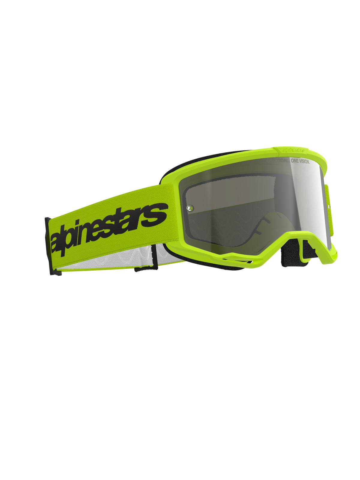 Masque Alpinestars Vision 3 Wordmark, lunettes de motocross, jaune fluo et argent miroir, monture jaune vif avec écran argenté réfléchissant, large sangle jaune avec logo Alpinestars noir