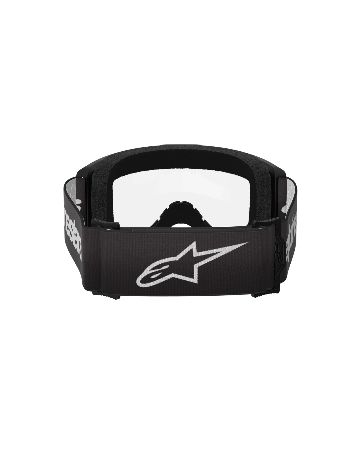 Masque Alpinestars Vision 3 Wordmark, masque de motocross, noir et transparent, vue arrière avec large sangle noire, logo étoile et lettrage Alpinestars blancs, mousse faciale noire épaisse et écran transparent.
