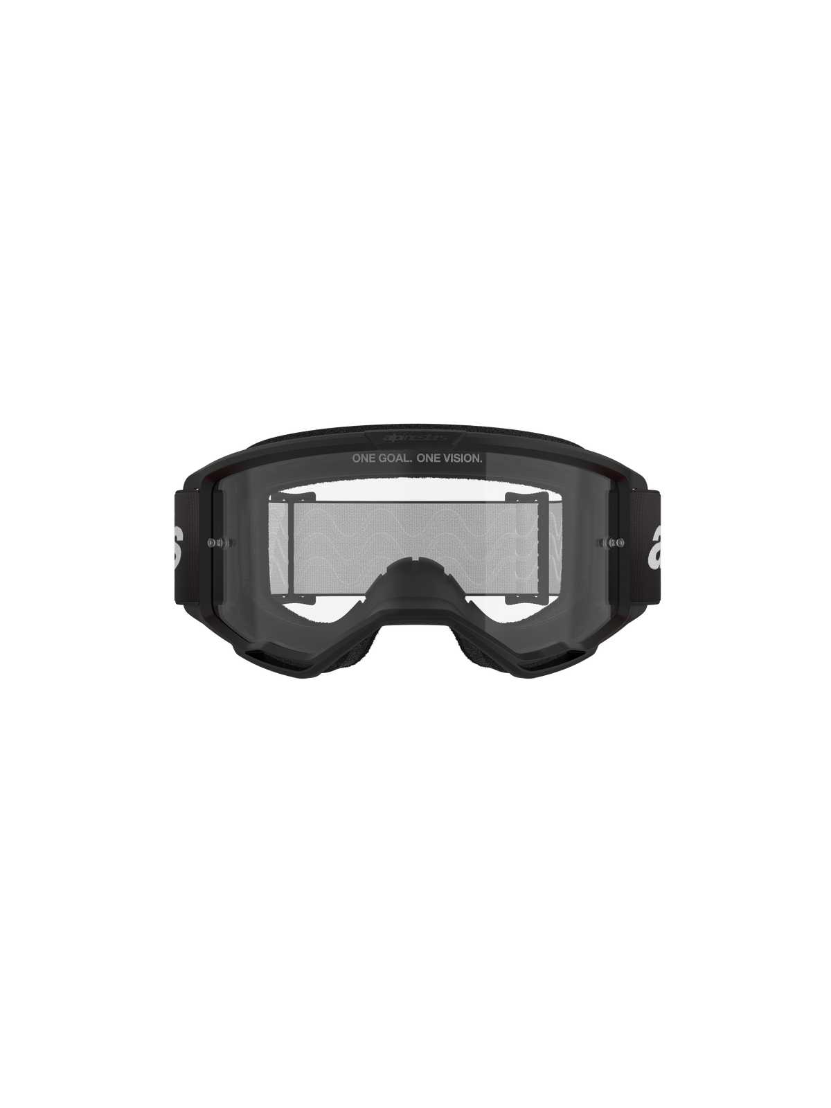 Masque Alpinestars Vision 3 Wordmark, masque de motocross, noir et transparent, vue de face avec écran antibuée transparent, monture A-FLEX, sangle noire avec logo Alpinestars blanc et détail du slogan « ONE GOAL. ONE VISION. ».