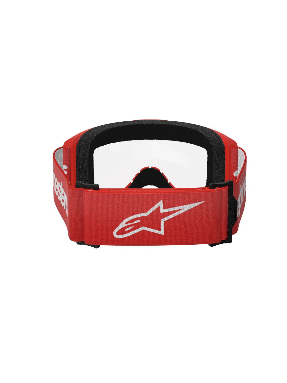 Lunettes Alpinestars Vision 3 Wordmark, lunettes de motocross, rouge et transparent, vue arrière montrant le bandeau tissé rouge avec le grand logo Alpinestars blanc et le rembourrage en mousse faciale noire