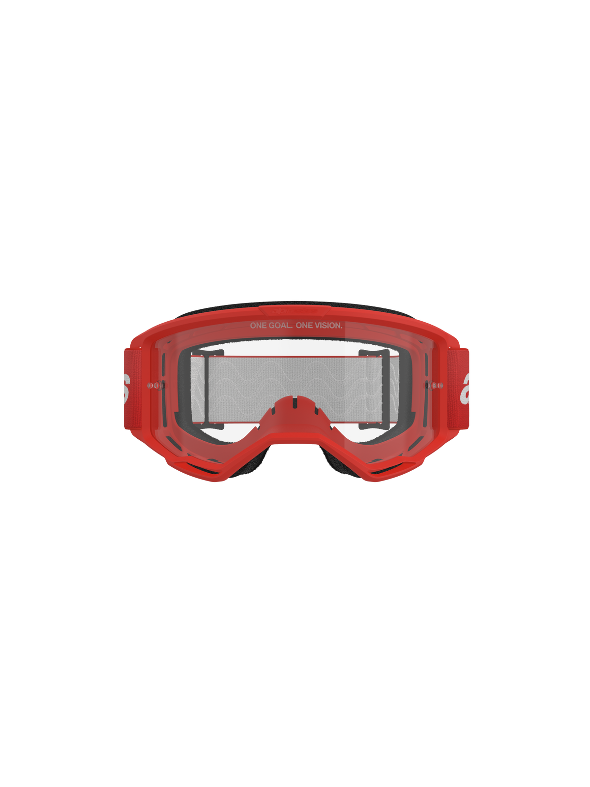 Lunettes Alpinestars Vision 3 Wordmark, masque de motocross, monture rouge et écran clair, bandeau tissé rouge avec logo blanc, texte 'ONE GOAL. ONE VISION.' sur l'écran, vue de face en studio sur fond noir
