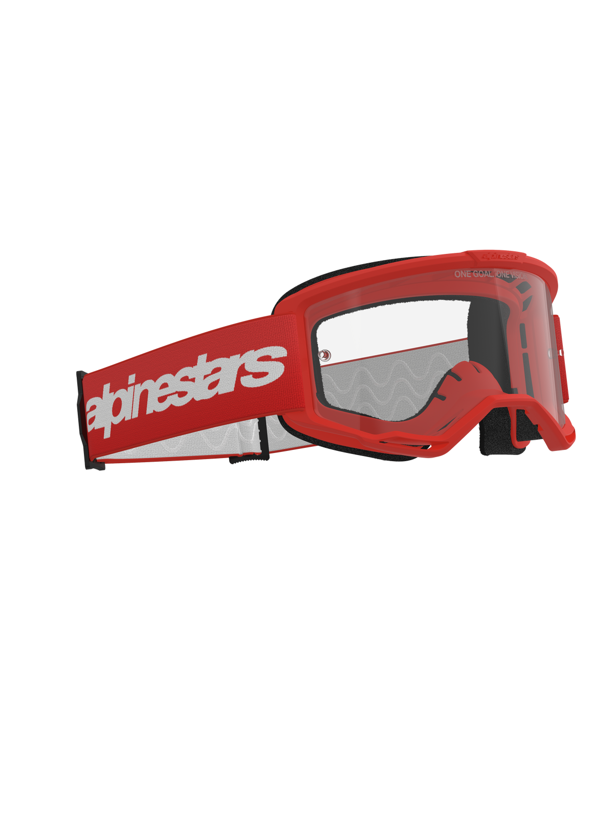 Masque Alpinestars Vision 3 Wordmark, masque de motocross, rouge avec écran clair, doté d'une monture rouge et d'un large bandeau rouge avec logo Alpinestars blanc, lunettes de course tout-terrain professionnelles