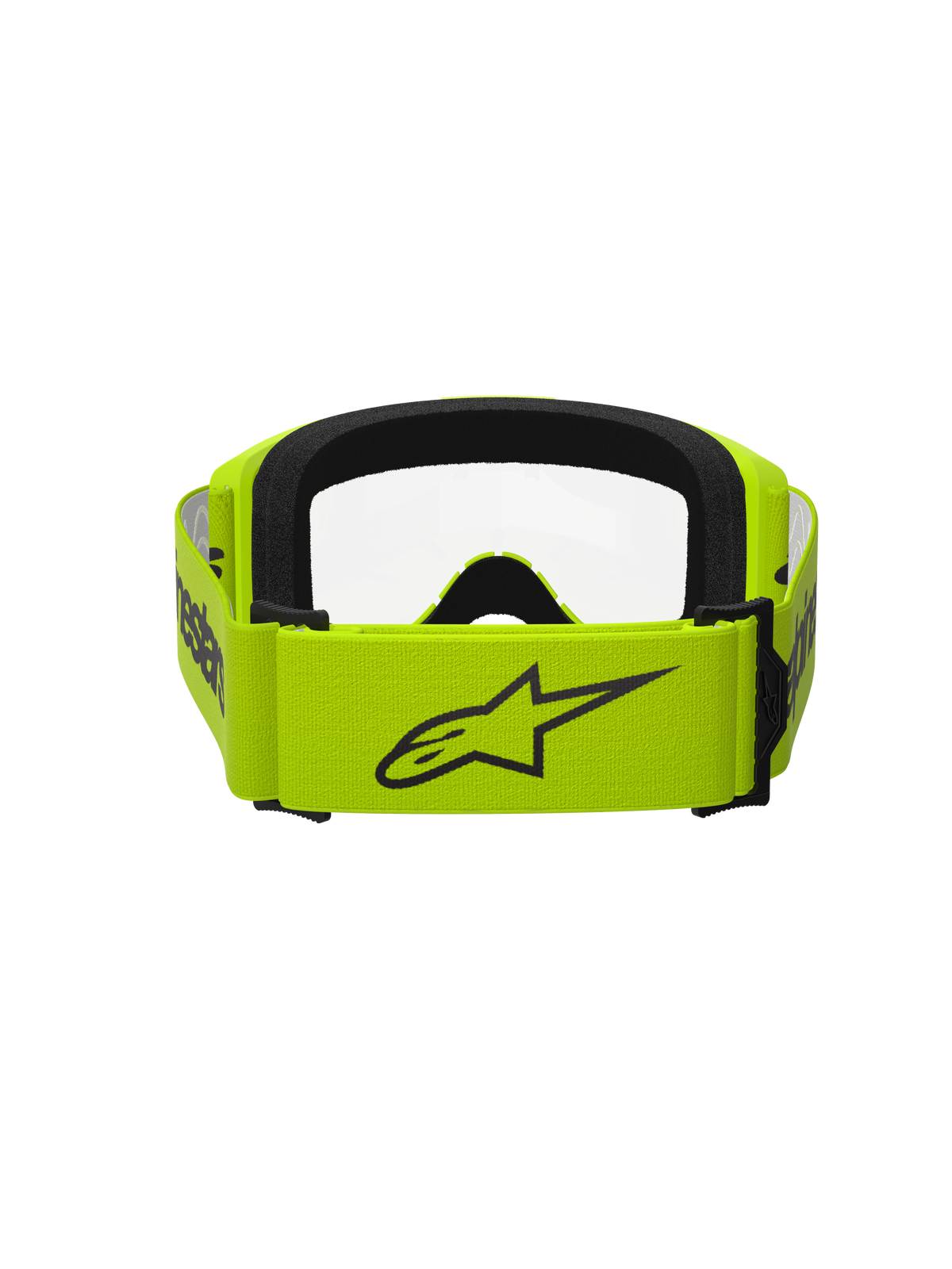 Masque Alpinestars Vision 3 Wordmark, masque de motocross, jaune fluo avec lentille transparente, vue arrière montrant une large sangle jaune avec le logo Alpinestars noir, intérieur en mousse noire, conception durable pour la course tout-terrain