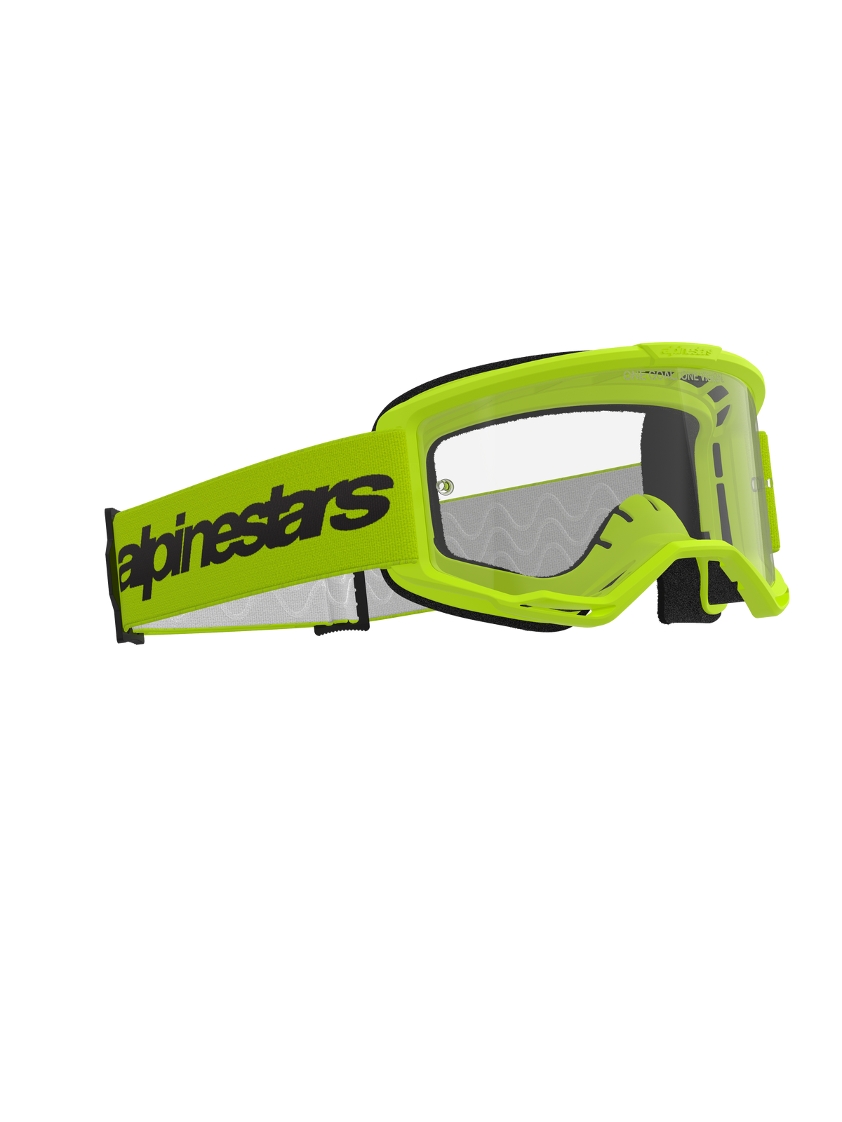 Alpinestars Vision 3 Wordmark Goggles, masque de motocross, jaune fluo avec écran clair, large bandeau jaune fluo arborant le logo Alpinestars noir, monture A-FLEX légère avec ventilation RAM-AIR, protection oculaire haute performance pour le tout-terrain