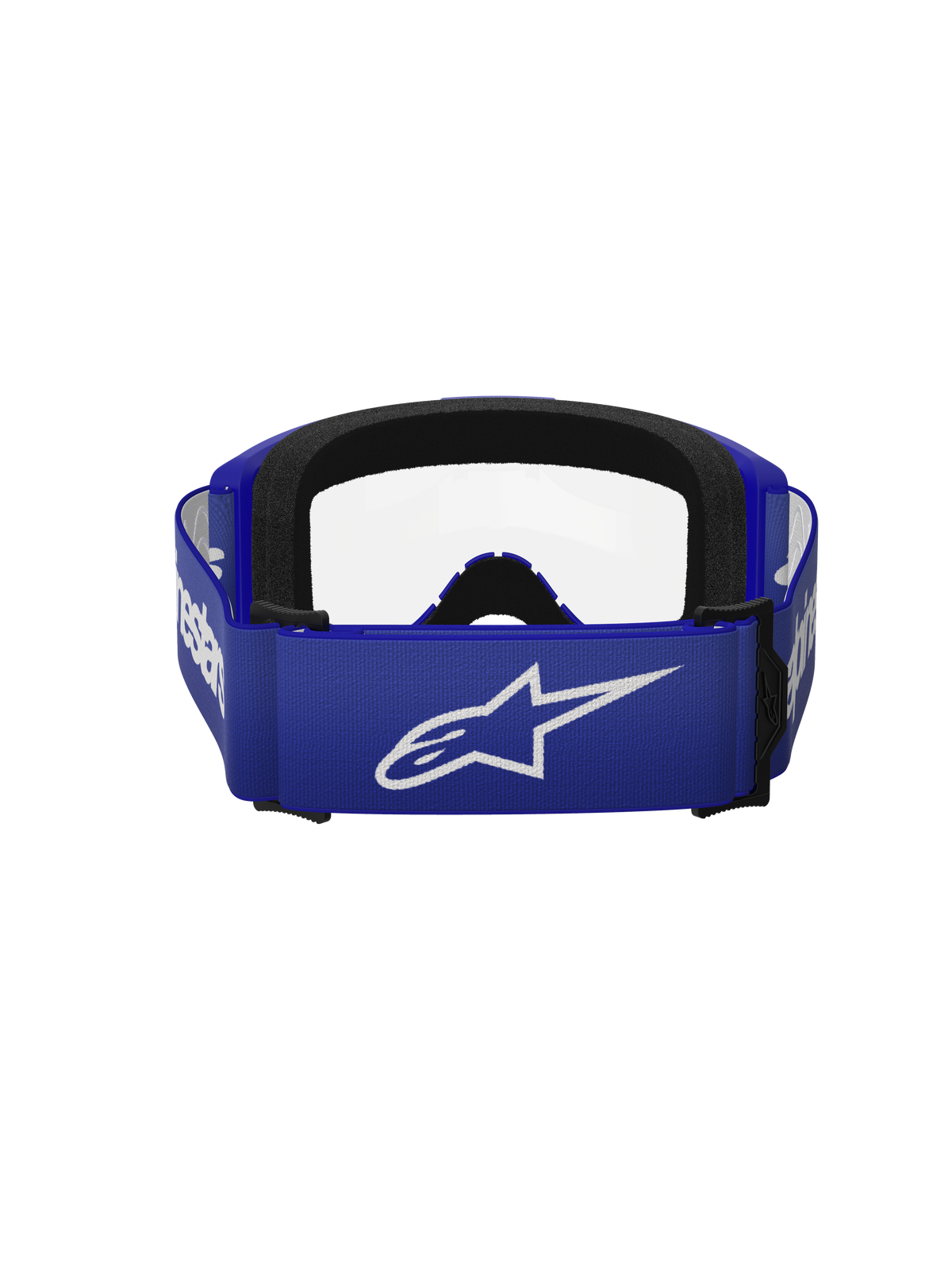 Alpinestars Vision 3 Wordmark Goggles, lunettes de motocross, bleu et clair, vue arrière présentant un large bandeau bleu avec un logo A-star blanc, rembourrage en mousse noire et écran clair, conçu pour la course tout-terrain