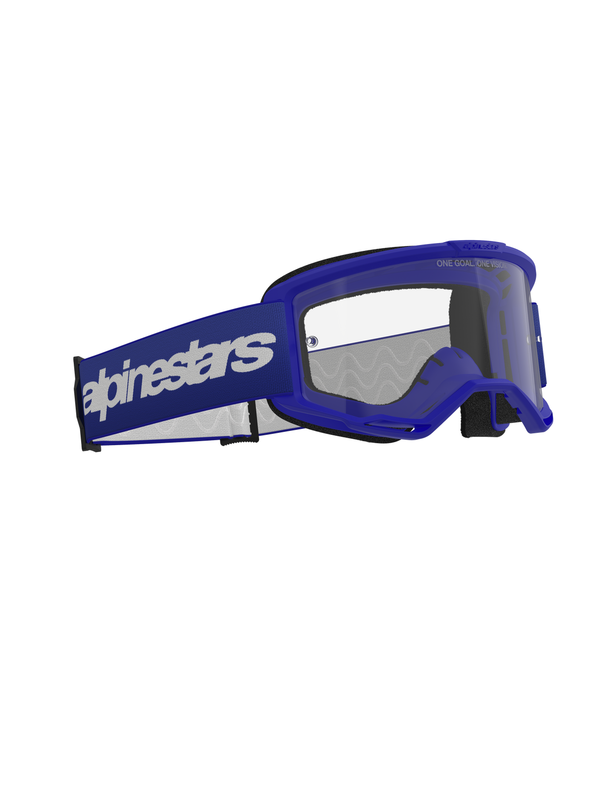 Lunettes Alpinestars Vision 3 Wordmark, lunettes de motocross, bleu et transparent, dotées d'une monture A-FLEX bleue, d'un écran en polycarbonate antibuée transparent et d'une large sangle bleu foncé avec logo Alpinestars blanc, protection oculaire tout-terrain durable