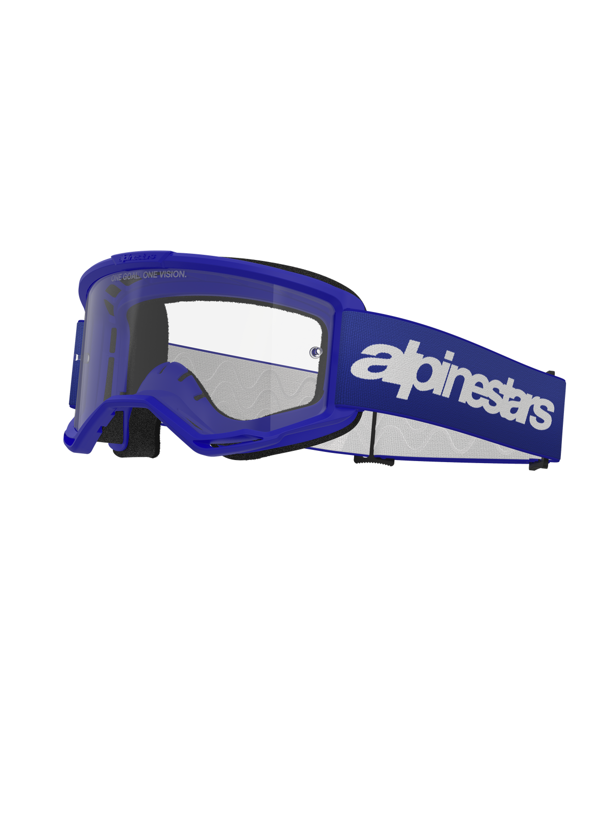 Lunettes Alpinestars Vision 3 Wordmark, lunettes de motocross, bleu et blanc, écran transparent, rembourrage en mousse noire, sangle élastique bleue réglable avec logo textuel blanc, monture ventilée