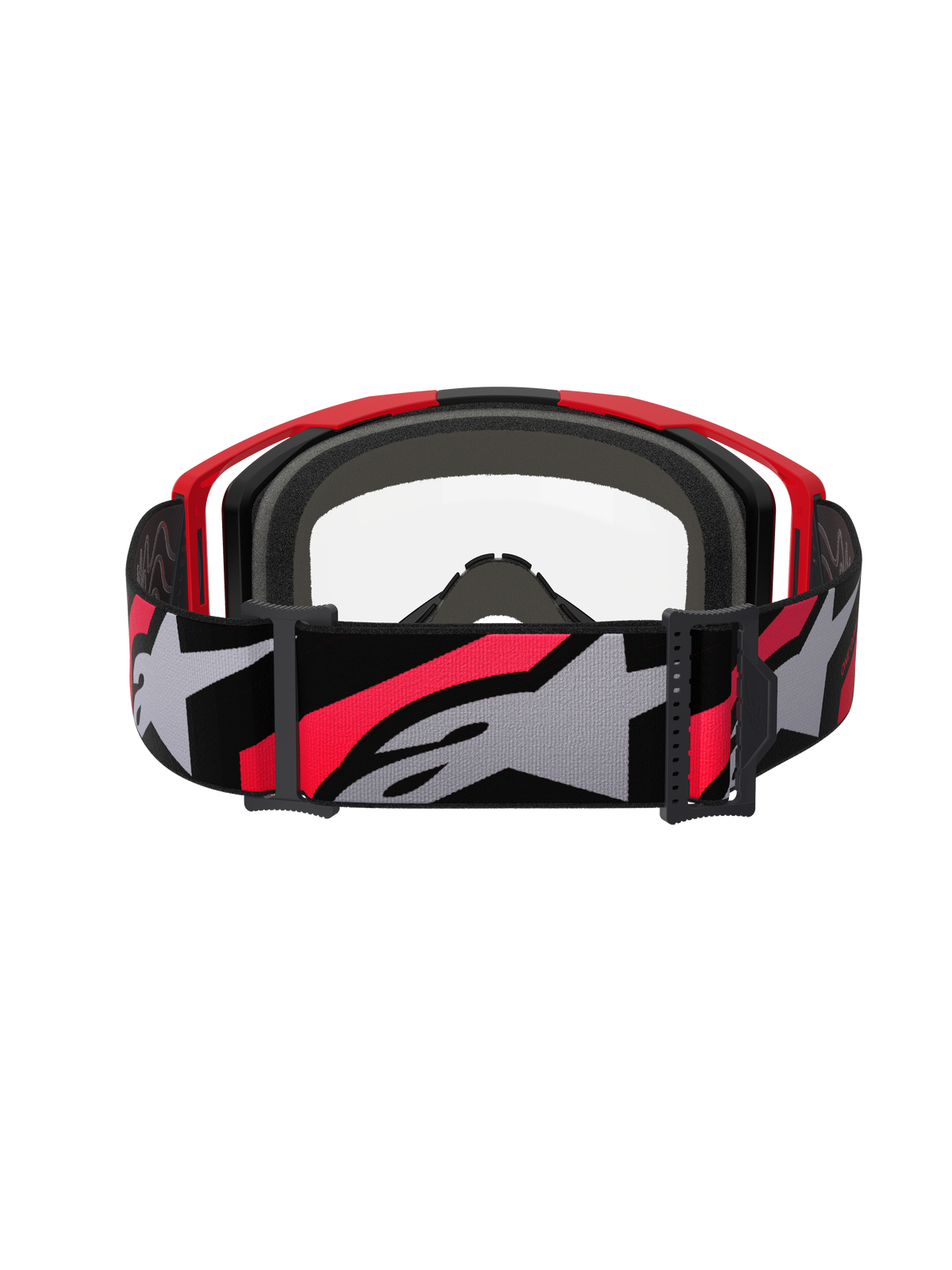 Alpinestars Vision 8 Luar Goggles, Motocross Goggles, Red Black and Clear, rear view featuring a wide woven strap with bold star logo, multi-layer face foam, and lightweight A-FLEX frame design