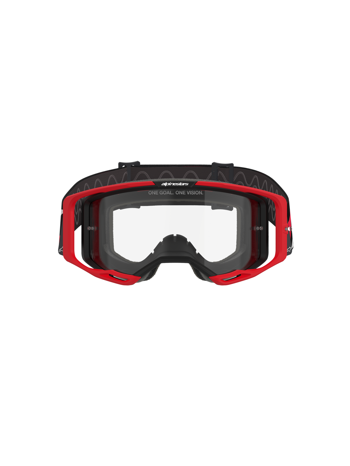 Alpinestars Vision 8 Luar Goggles, lunettes de motocross, rouge, noir et transparent, avec une monture A-FLEX rouge, un écran en polycarbonate transparent antibuée et un bandeau tissé réglable noir avec logo, protection oculaire haute performance pour le tout-terrain