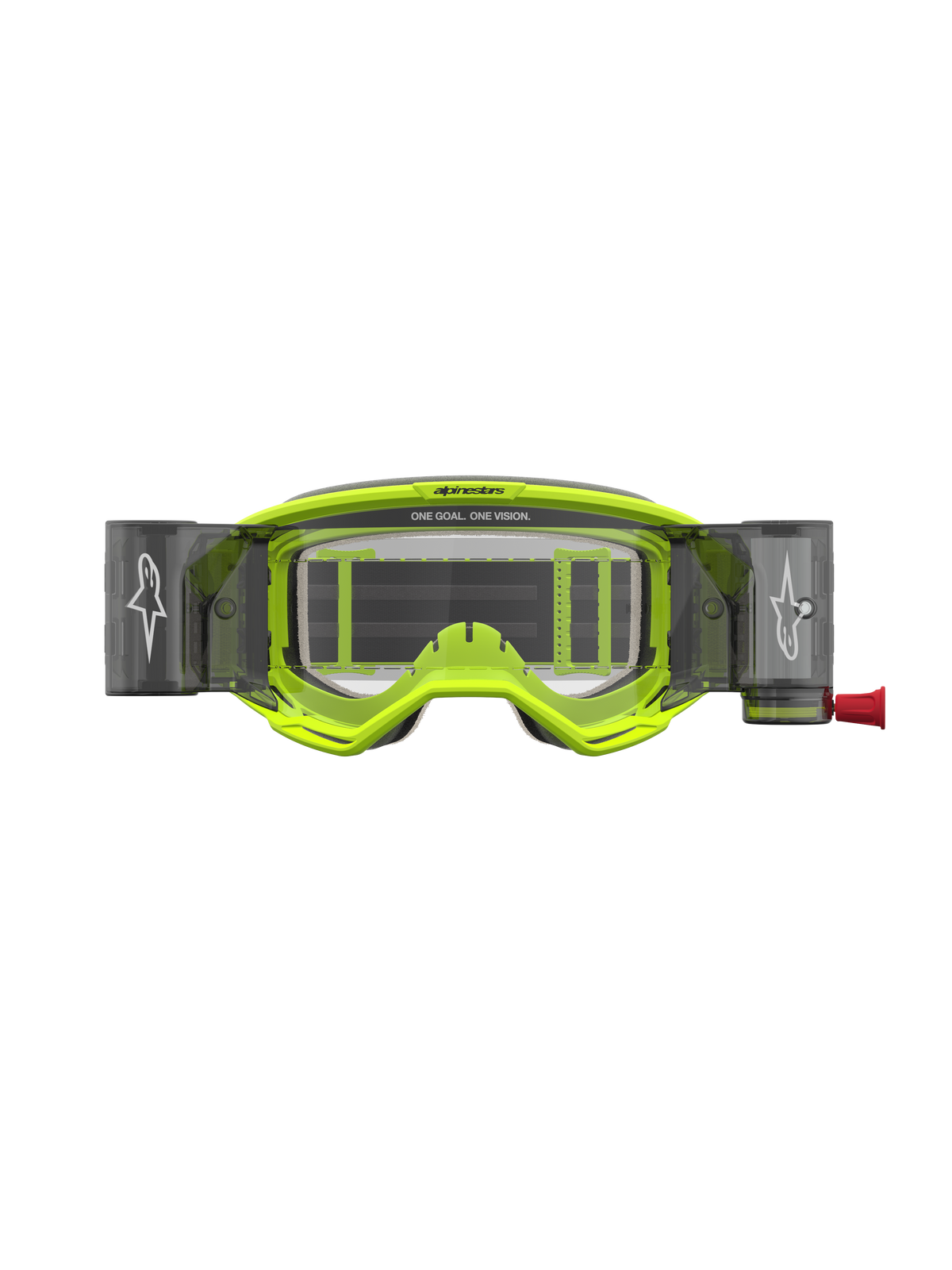Masque Alpinestars Vision 5 Rora Roll Off, masque de motocross jaune fluo et noir avec système roll-off et lentille claire.
