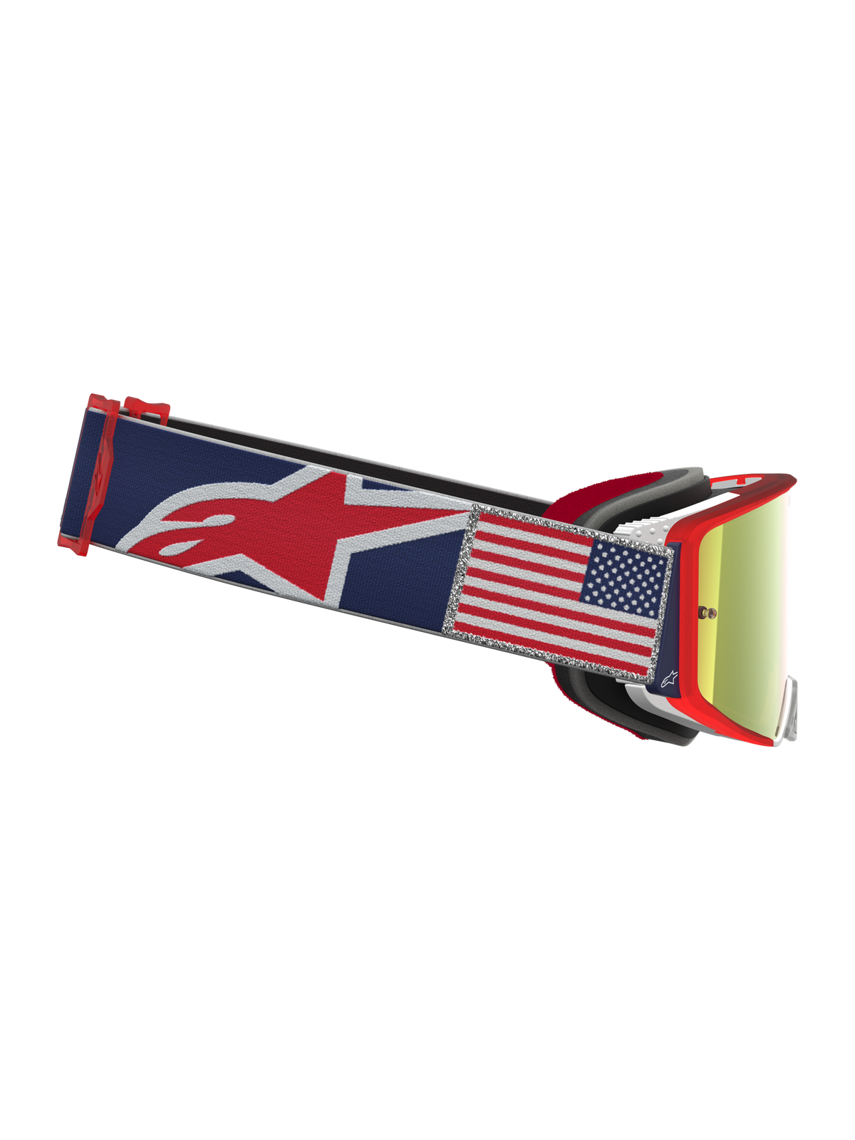 Alpinestars Supertech LE Fiftyfold, masque de motocross bleu et rouge, lentille miroir rouge et patch drapeau USA