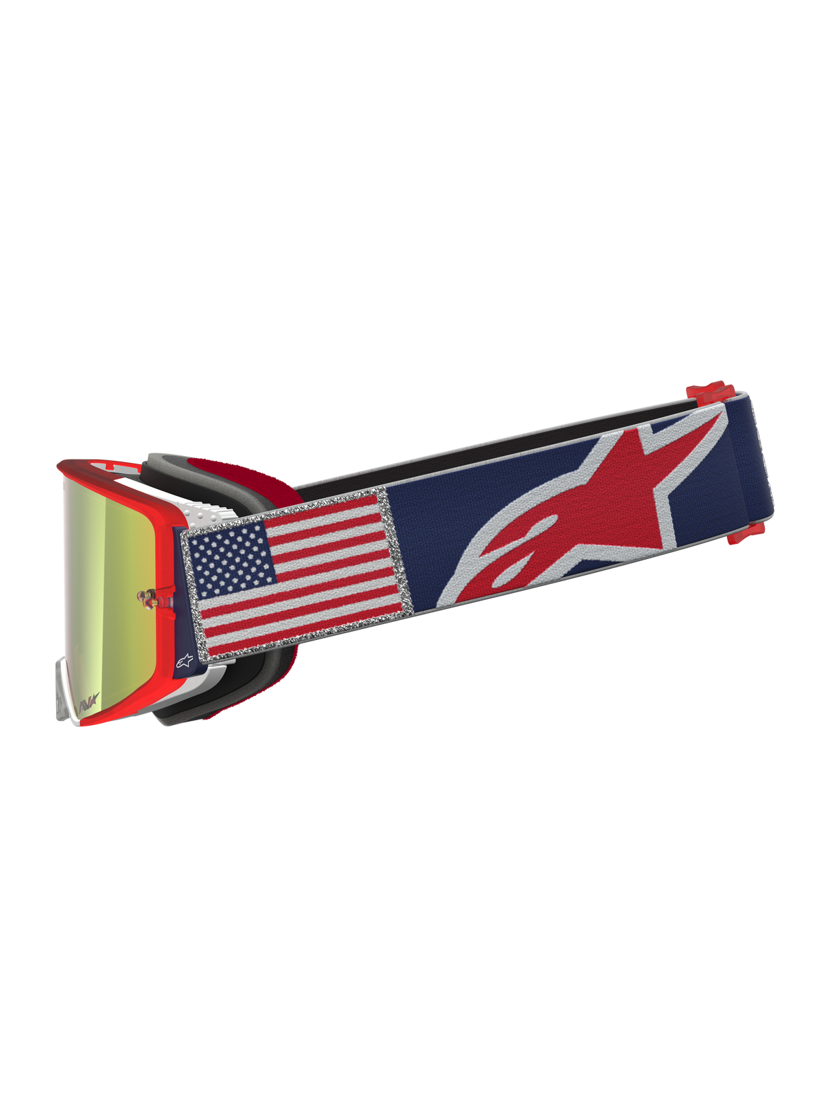 Alpinestars Supertech Fiftyfold, masque de motocross édition limitée, monture rouge, sangle bleue avec drapeau américain et écran miroir.