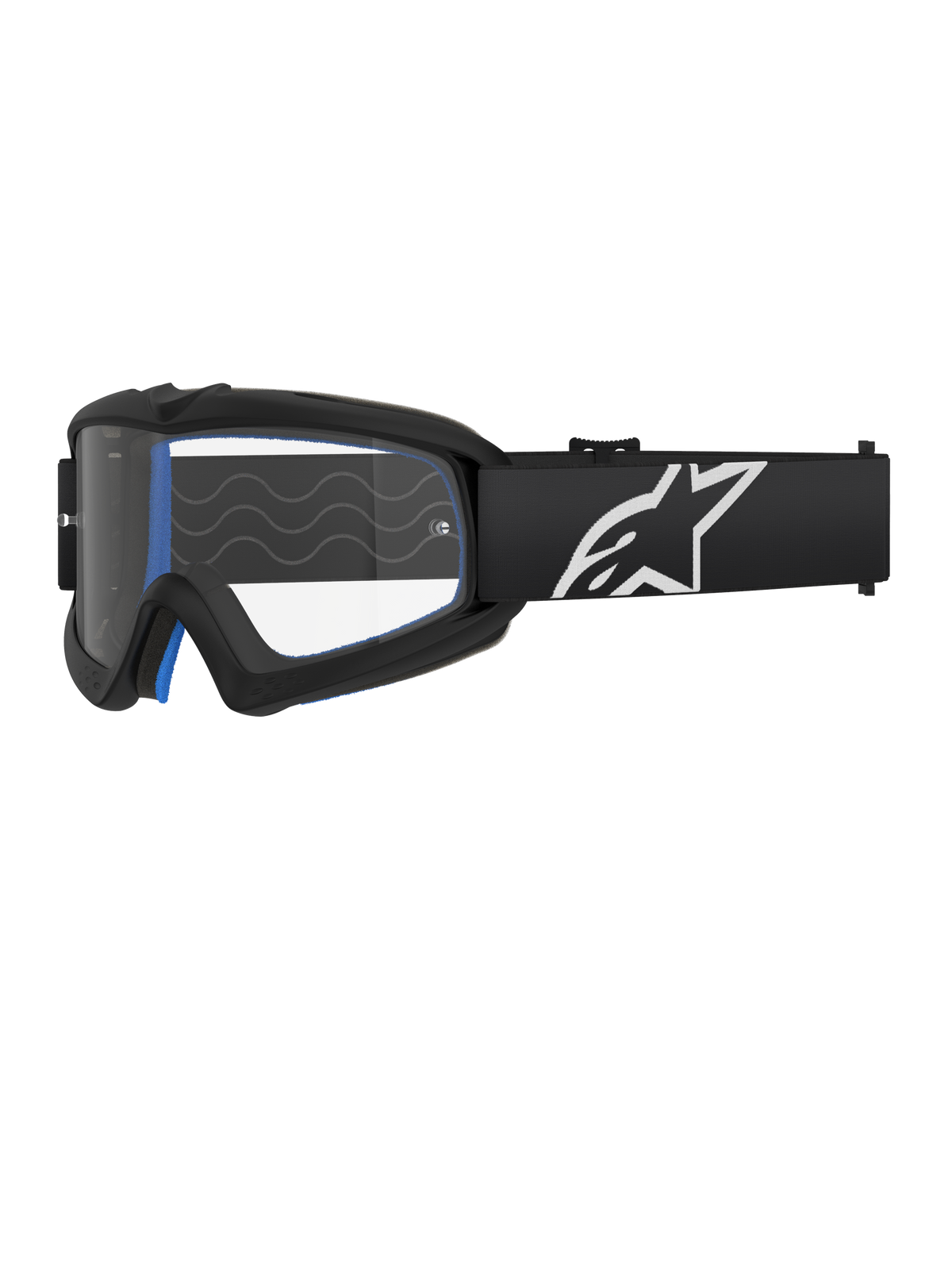 Alpinestars Vision Youth Corp, lunettes de motocross pour jeunes, noir avec rembourrage bleu, écran transparent avec motif ondulé, sangle noire avec logo étoile blanc, design moderne et épuré