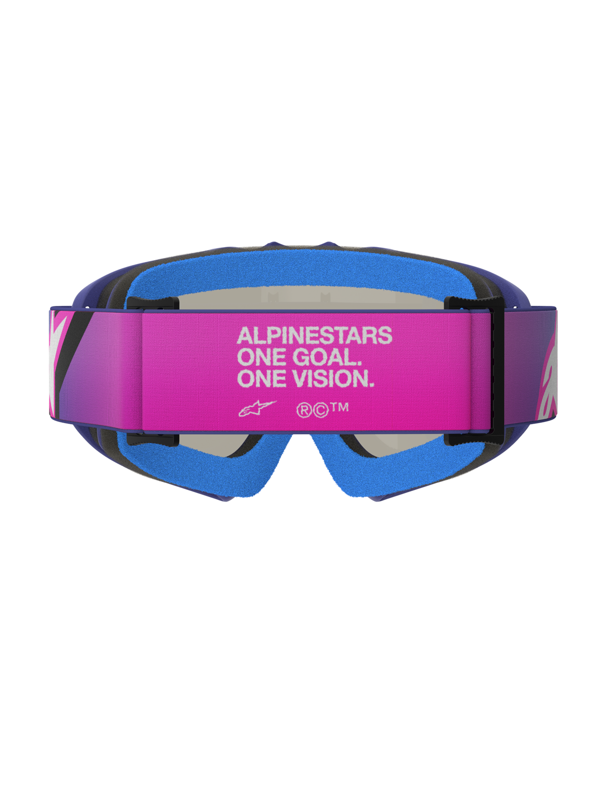 Masque Alpinestars Vision Youth Corp, masque de motocross, violet, rose fluo et bleu miroir, vue arrière présentant un bandeau réglable rose avec le texte blanc « ALPINESTARS ONE GOAL. ONE VISION. », une mousse faciale bleue et une monture en uréthane violette, conçu pour les jeunes pilotes tout-terrain.