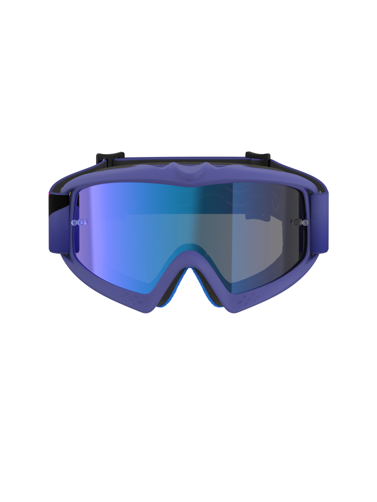 Alpinestars Vision Youth Corp Goggles, masque de motocross, monture violette et rose fluo avec écran bleu miroir, protection oculaire tout-terrain pour junior, vue de face montrant la monture A-FLEX et la mousse faciale multi-étages