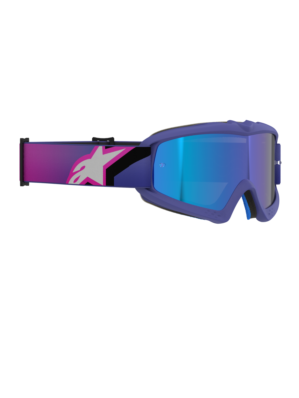 Masque Alpinestars Vision Youth Corp, masque de motocross, monture violette et rose fluo avec écran bleu miroir, large bandeau élastique orné d'un logo Alpinestars rose et blanc, équipement de protection tout-terrain haute performance pour jeunes pilotes