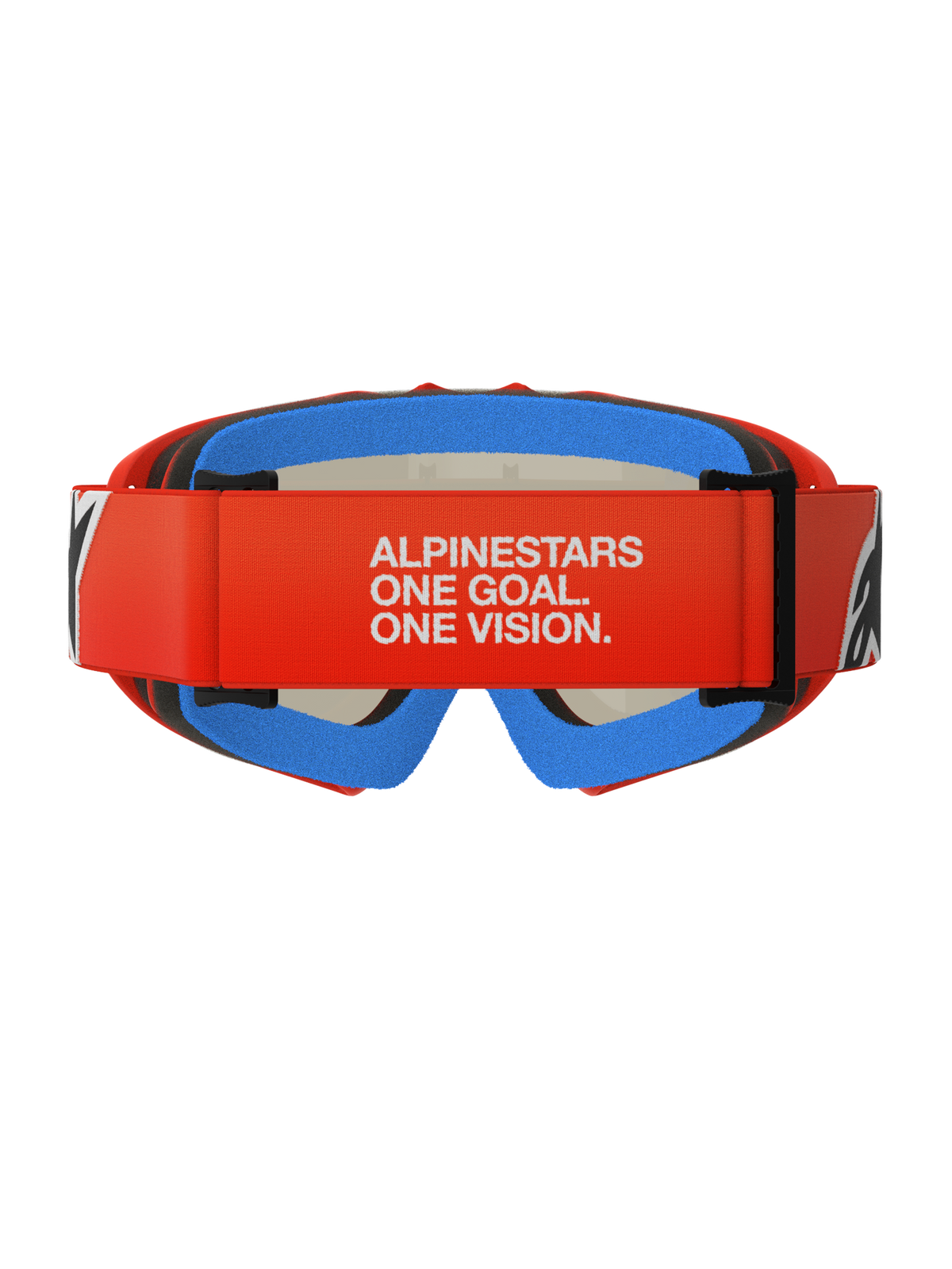 Masque Alpinestars Vision Youth Corp, masque de motocross pour enfant, orange et rouge avec mousse bleue, vue arrière avec large sangle rouge et inscription blanche « ALPINESTARS ONE GOAL. ONE VISION. », mousse de confort multicouche pour un ajustement optimal