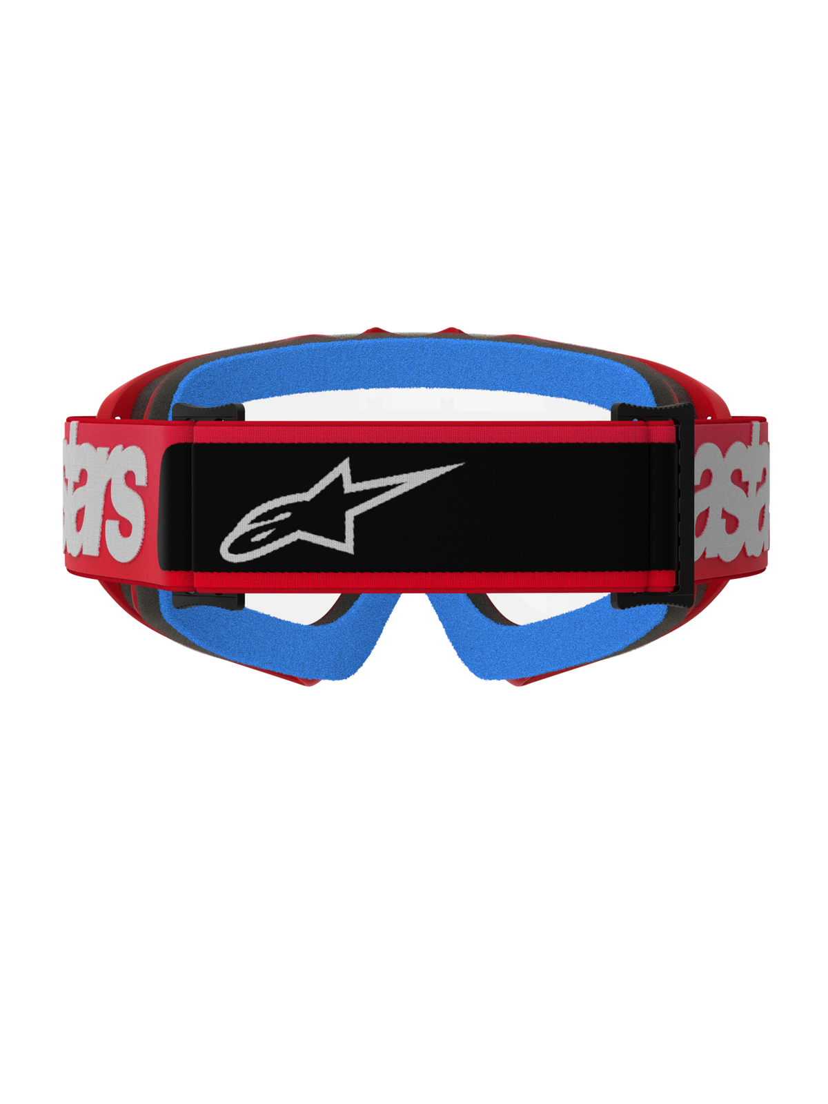 Alpinestars Vision Youth Blaze Goggles, rouge et transparent, vue arrière montrant une sangle tissée rouge avec un empiècement logo noir et un marquage blanc, mousse faciale bleu vif et écran anti-buée transparent, conçues pour le motocross junior.