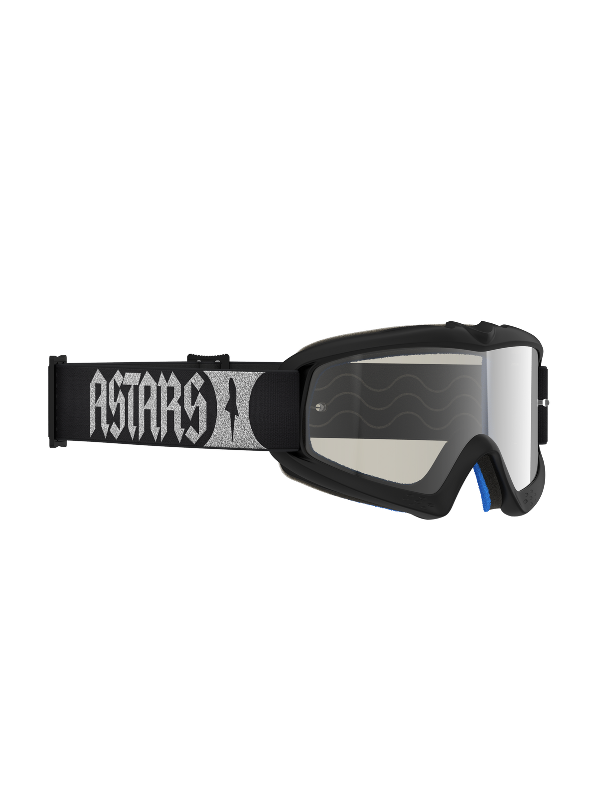 Masque Alpinestars Vision Atrox Junior, masque de motocross pour enfant, noir et argenté, lentille miroir anti-buée, sangle avec logo ASTARS