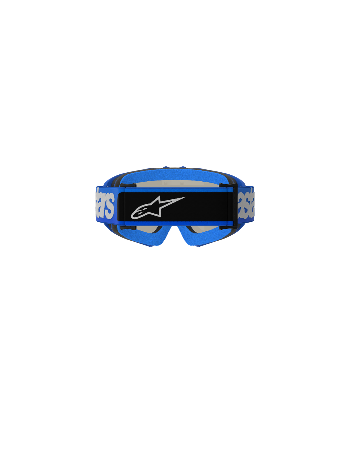 Masque Alpinestars Vision Junior Blaze, masque de motocross, bleu, vue arrière montrant la sangle tissée bleue avec marquage Alpinestars blanc et plaque centrale noire avec logo, rembourrage en mousse bleue, conçu pour le tout-terrain junior