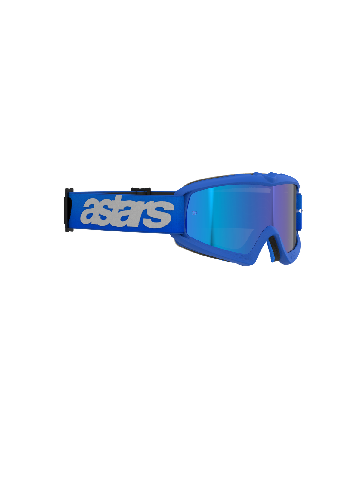 Masque Alpinestars Vision Youth Blaze, masque de motocross, Bleu Miroir Bleu, monture bleu vif avec écran miroir, large sangle bleue avec logo 'astars' gris clair, protection oculaire haute performance pour jeunes pilotes tout-terrain
