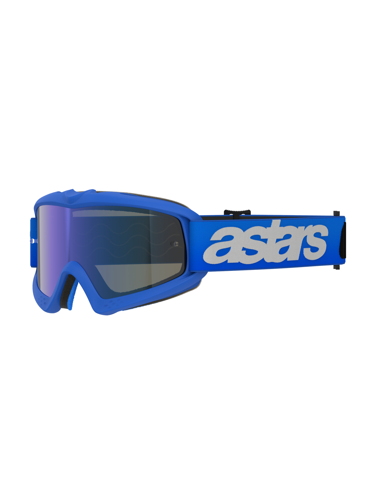 Masque Alpinestars Vision Junior Blaze, masque de motocross, Bleu Miroir Bleu, monture bleue avec écran miroir bleu anti-buée, bandeau bleu réglable avec logo « astars » blanc, protection oculaire spécialisée pour les jeunes pilotes