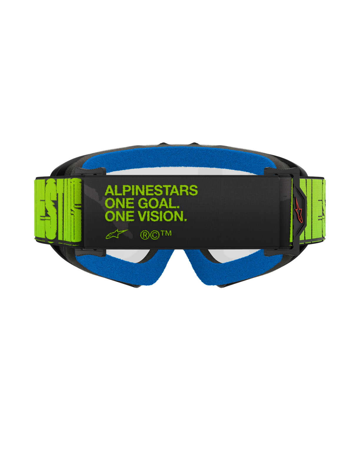 Masque Alpinestars Vision Youth Hollow, masque de motocross, gris anthracite et jaune fluo, vue arrière présentant le slogan « ALPINESTARS ONE GOAL. ONE VISION. » sur la sangle, mousse faciale bleu vif, lunettes de motocross pour enfant