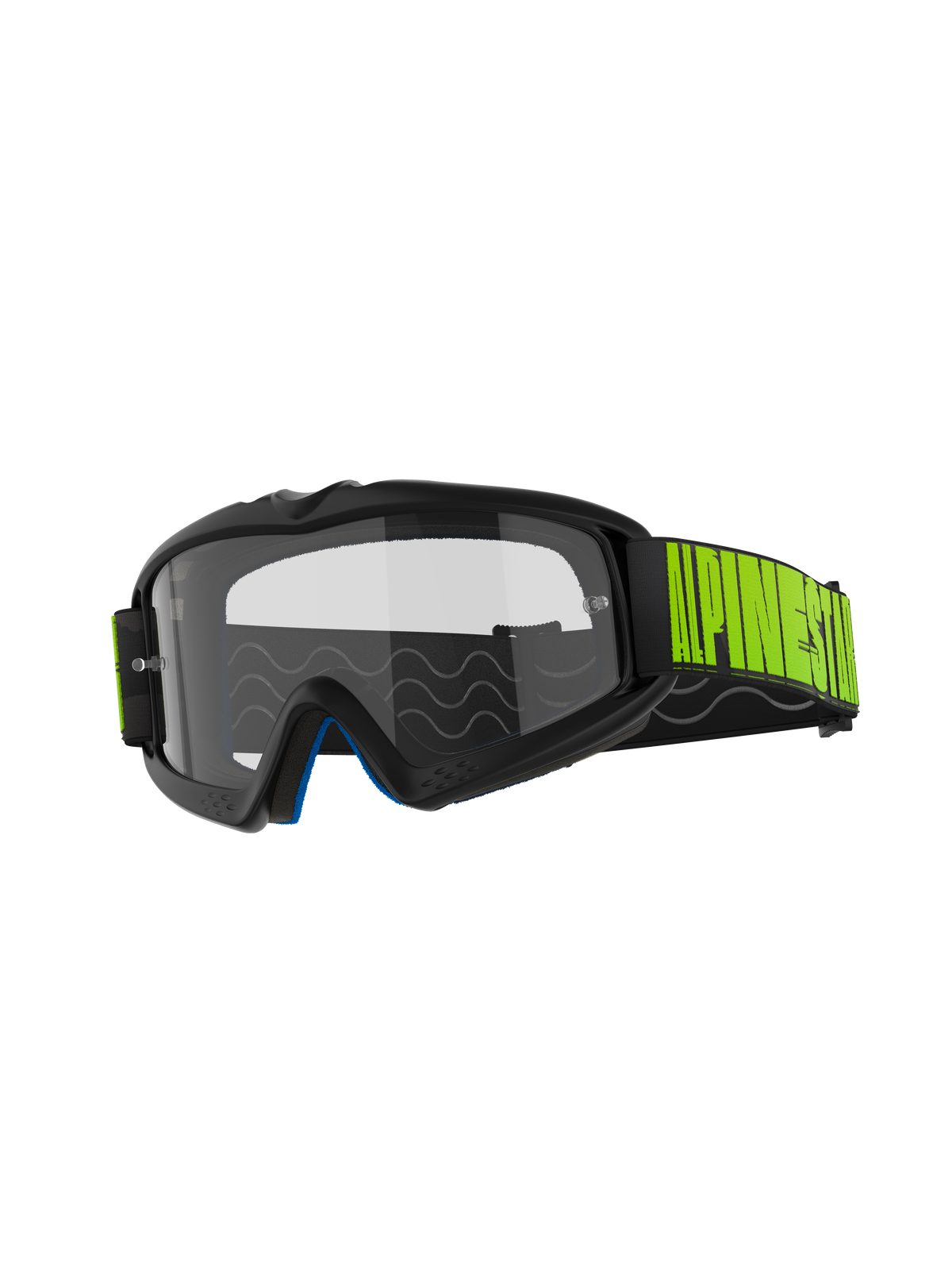 Alpinestars Vision Youth Hollow Goggles, masque de motocross, monture anthracite avec écran clair anti-buée, bandeau noir avec logo jaune fluo, mousse intérieure bleue, conçu pour les jeunes pilotes de course tout-terrain
