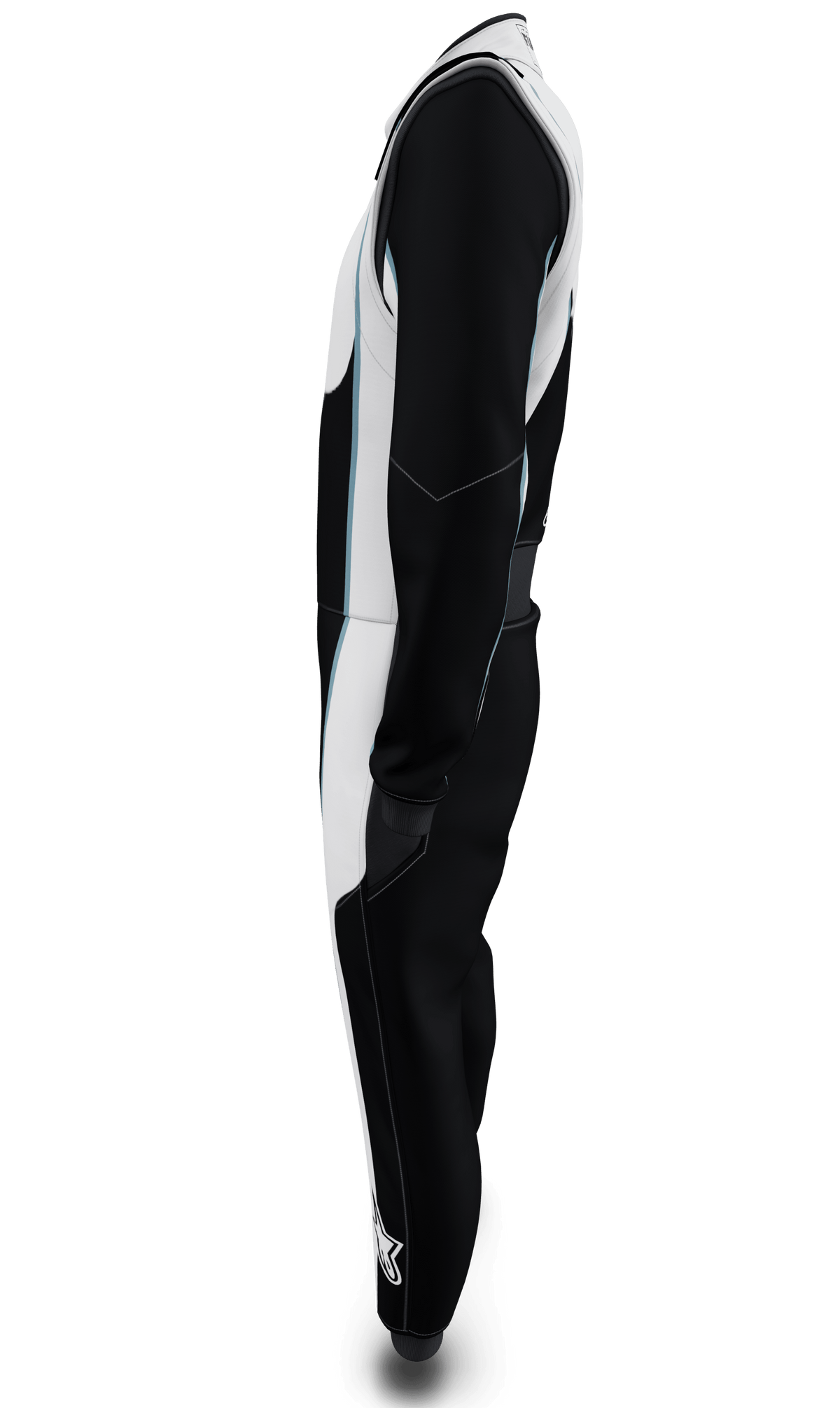 Alpinestars Tech Vision V3, combinaison sur mesure à longueur ajustée, noire et blanche avec accents bleus, FIA, vue de profil