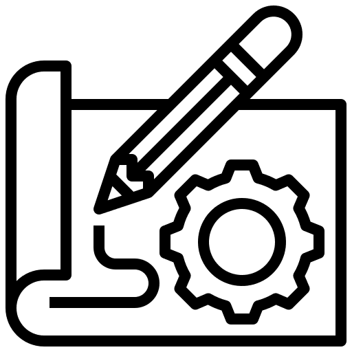 Icône d'ingénierie et de design Alpinestars, dessin au trait noir et blanc d'un crayon sur du papier enroulé avec un symbole d'engrenage, illustration technique minimaliste