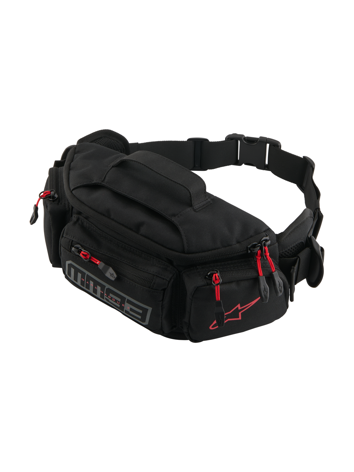 Alpinestars MM93 Waist Bag, sacoche de ceinture moto, noire avec tirettes de fermeture éclair rouges, plusieurs compartiments zippés, ceinture ajustable avec boucle, logo Alpinestars rouge et marquage MM93 gris, textile durable résistant à l'eau