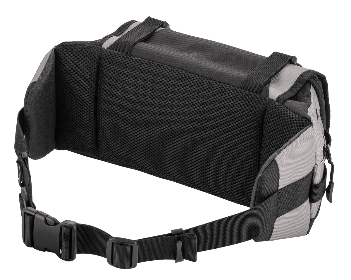 Alpinestars Tech Tool Pack, Gray Black, rear view featuring air mesh back pad for ventilation and comfort, adjustable waist strap with heavy-duty buckle, durable textile construction for off-road and Enduro riding