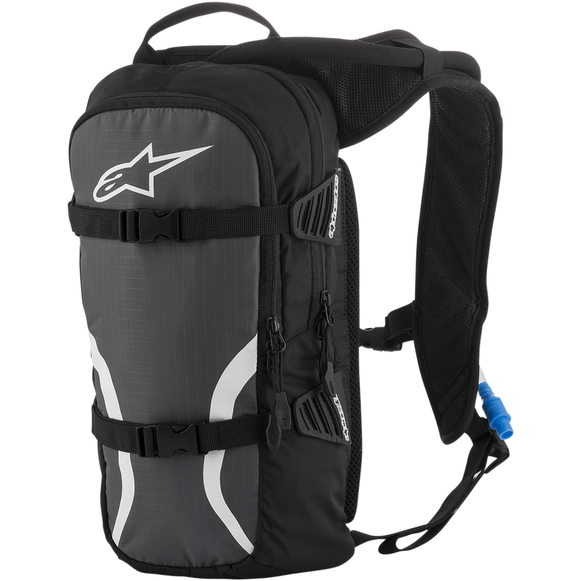 Sac à dos d'hydratation Alpinestars Iguana, sac d'hydratation tout-terrain, noir, anthracite et blanc, avec bretelles rembourrées en mesh, sangles de compression frontales avec boucles, compartiments zippés et tube d'hydratation bleu avec embout