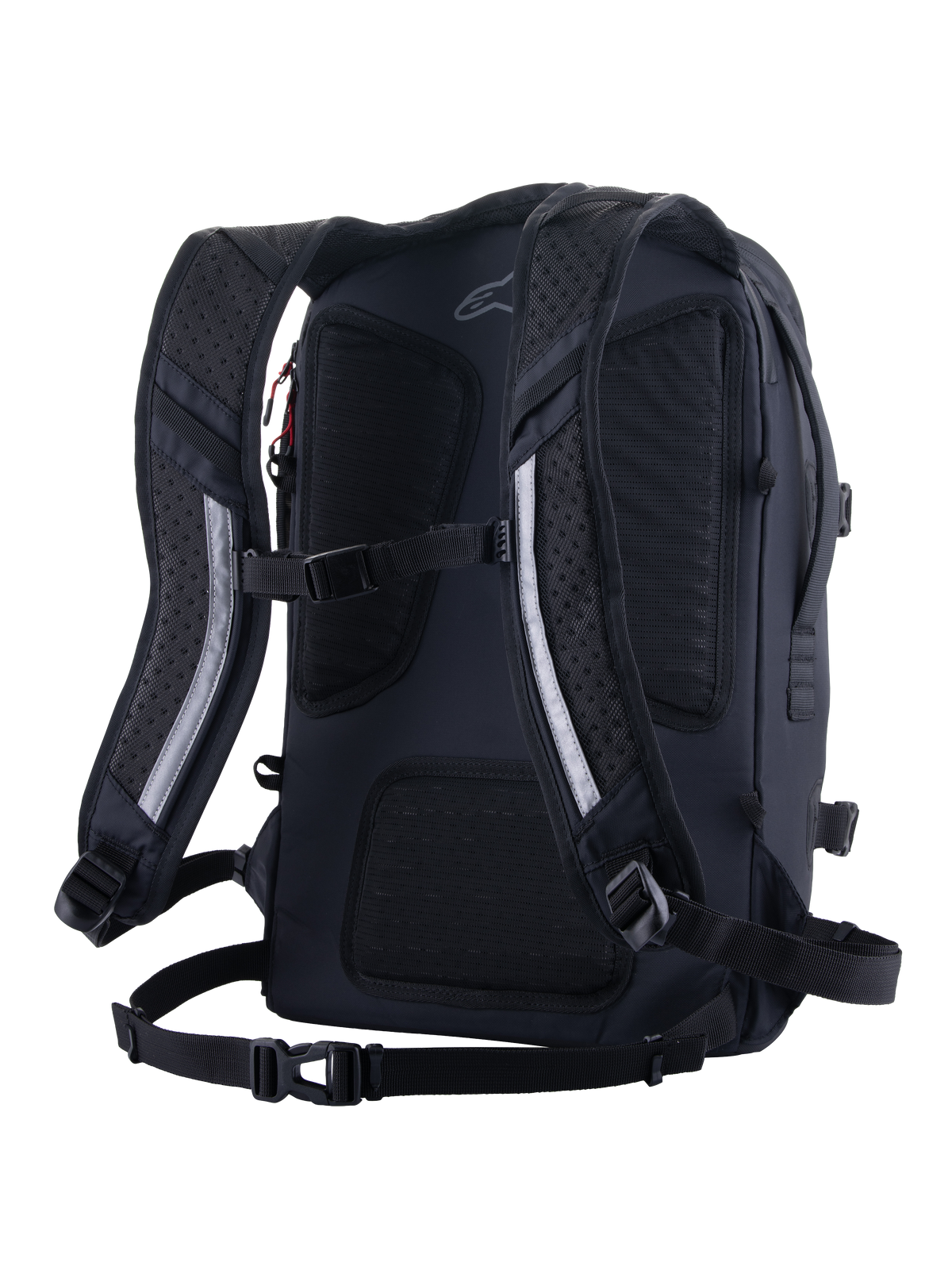 Alpinestars AMP-7 Backpack, sac à dos de moto technique, noir, vue arrière avec bretelles ergonomiques rembourrées et ventilées, panneau dorsal en maille respirante, sangle de poitrine et sangle ventrale