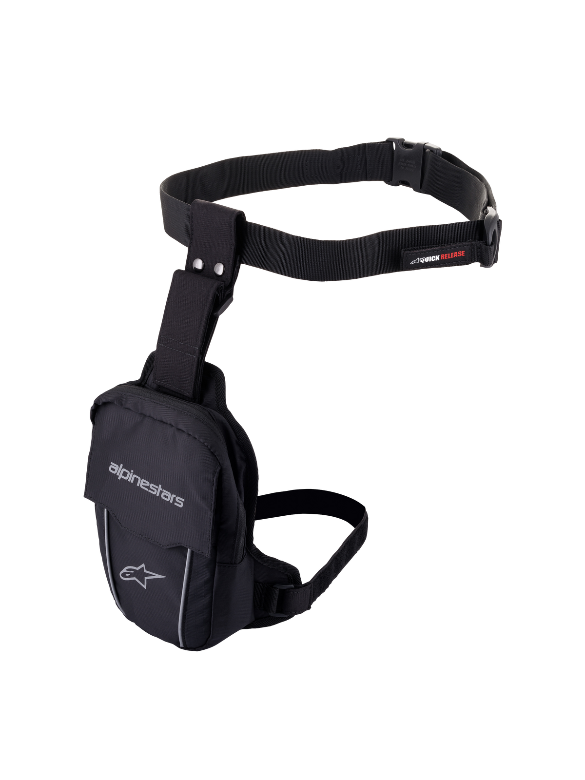 Alpinestars Access Thigh Bag, sac de cuisse pour moto, noir, construction en textile durable avec ceinture et sangle de cuisse réglables, logo Alpinestars, passepoil réfléchissant et boucle à dégagement rapide, design ergonomique pour le rangement d'objets essentiels à moto