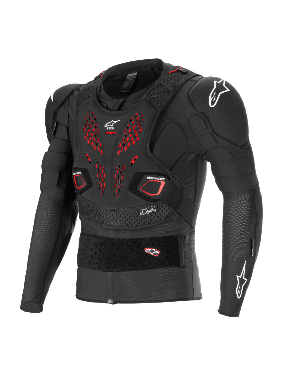 Alpinestars Bionic Pro V3 Plasma Protection Jacket, Off-road motorcycle body armor, Black with red ventilation details on the chest, white Alpinestars logos on shoulders and chest, featuring integrated Nucleon PLASMA elbow and shoulder protectors, floating chest plate, and adjustable elastic waist belt, breathable mesh construction for motocross and dirt riding