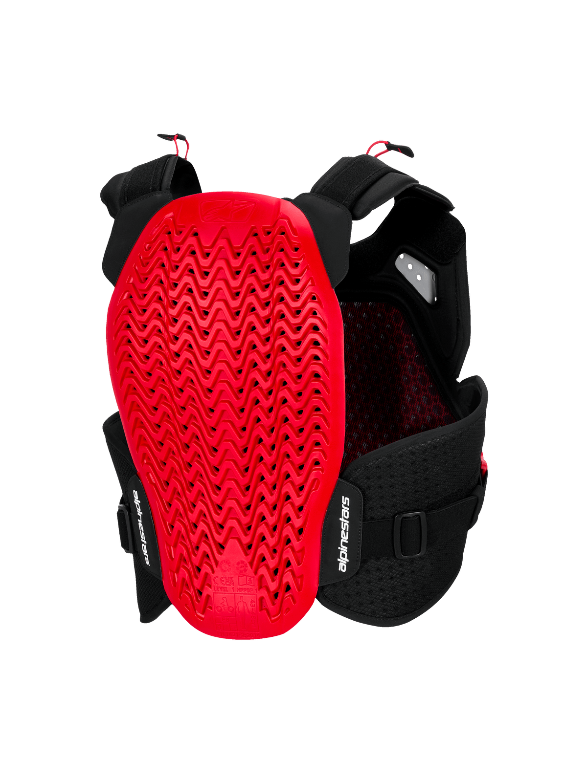 Protège-poitrine Alpinestars A-4 Plasma, vue arrière, noir et rouge, doté d'une large protection dorsale Nucleon PLASMA rouge avec un design perforé ondulé, châssis en maille noire avec sangles réglables et logo Alpinestars blanc.