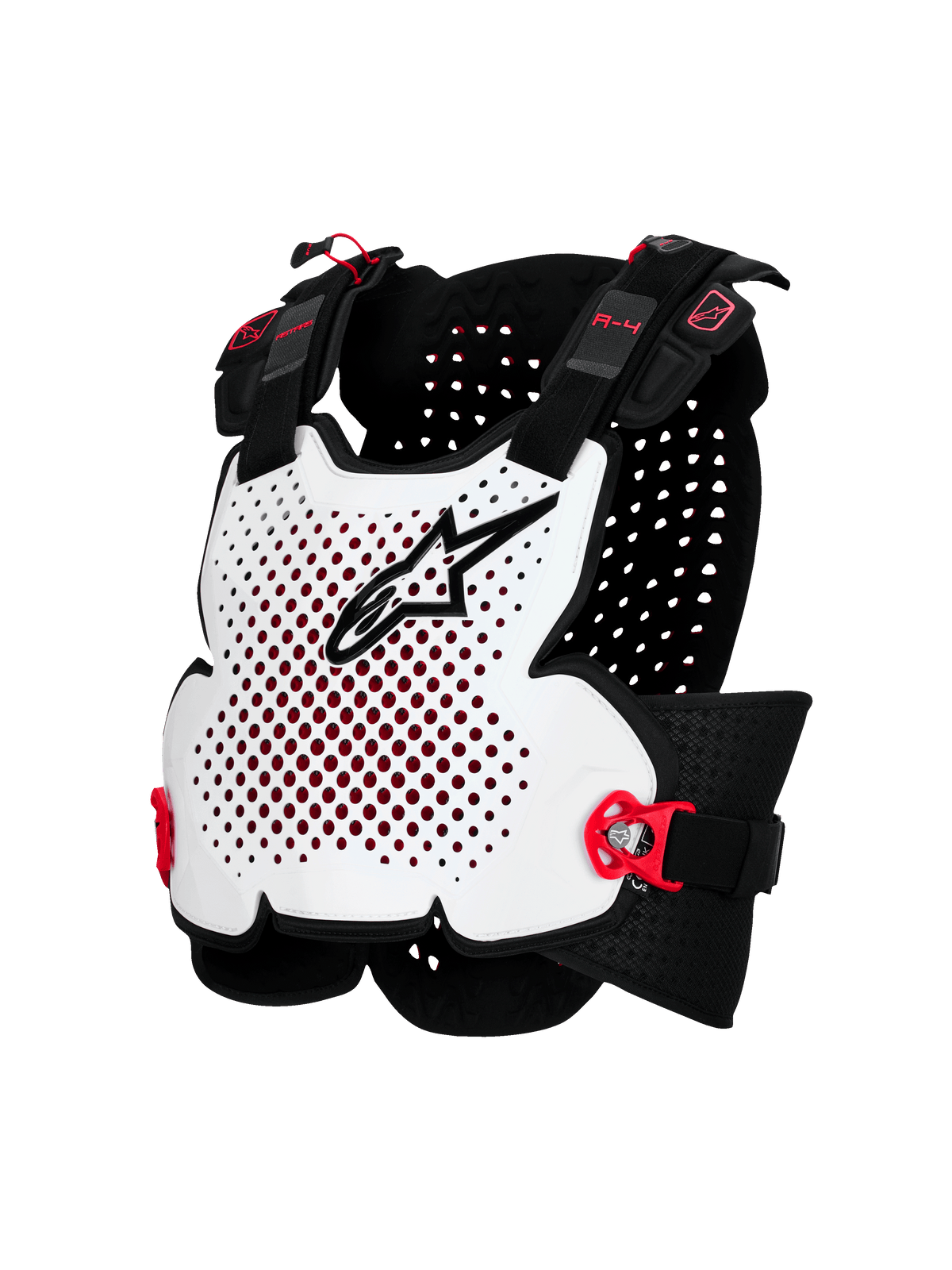 Alpinestars A-4 Plasma, protection thoracique de moto, blanc avec accents noirs et rouges, conception à coque rigide ventilée, sangles latérales réglables, protection tout-terrain légère