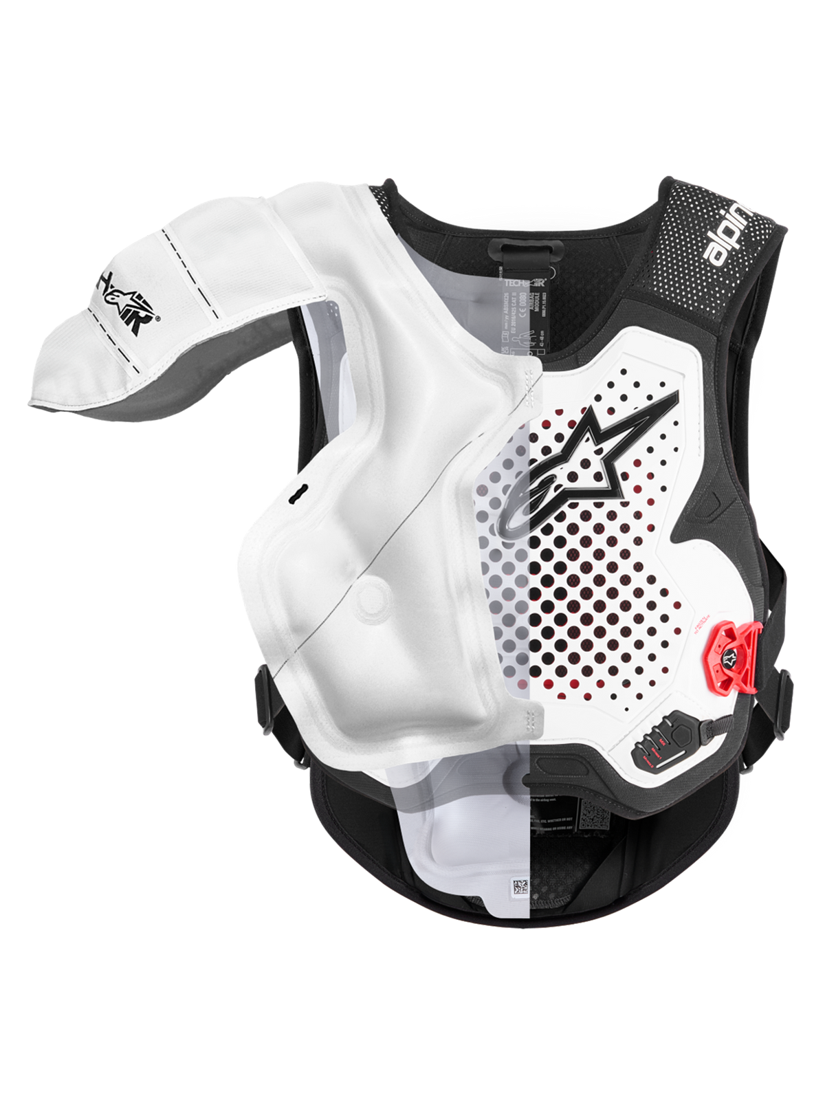 Alpinestars Tech-Air MX System, motocross airbag protector, white and black, CE certified with deployed airbag bladder showing shoulder and chest coverage