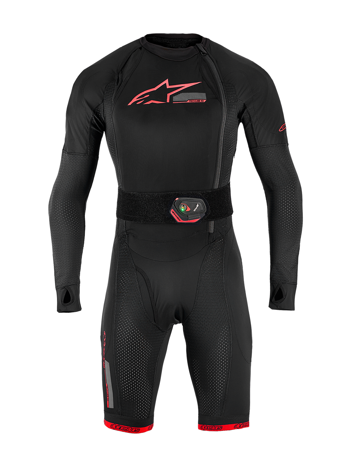 Système Airbag Tech-Air® 10 V2 Race, couche de base noire à accents rouges et ceinture d'activation LED intégrée.